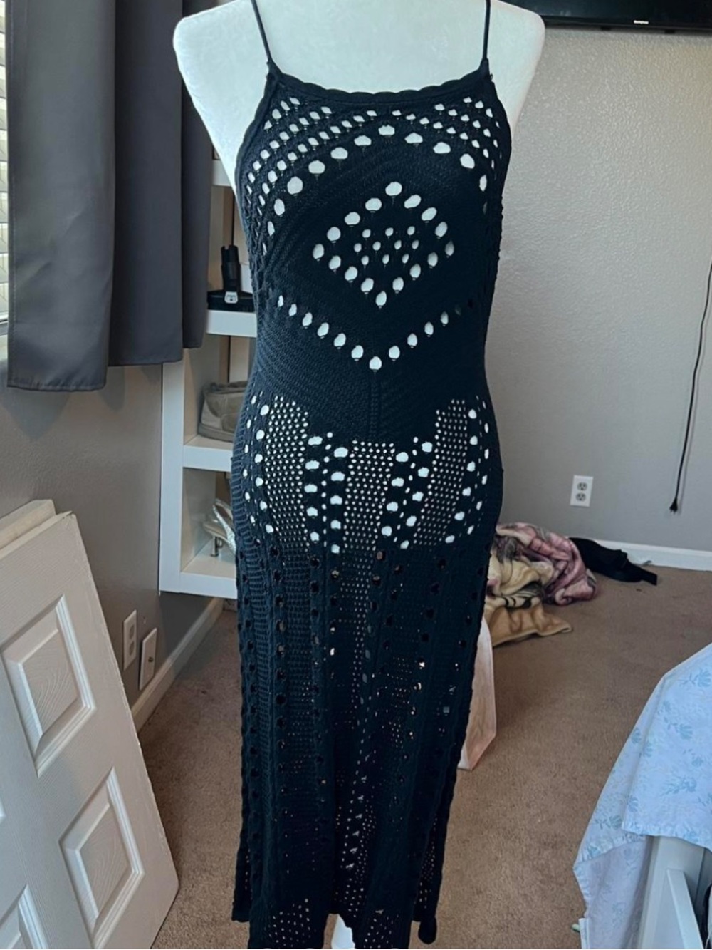 aerie Black Crochet Midi Dress with Spaghetti Straps (size xl) swim cover up - Picture 3 of 5